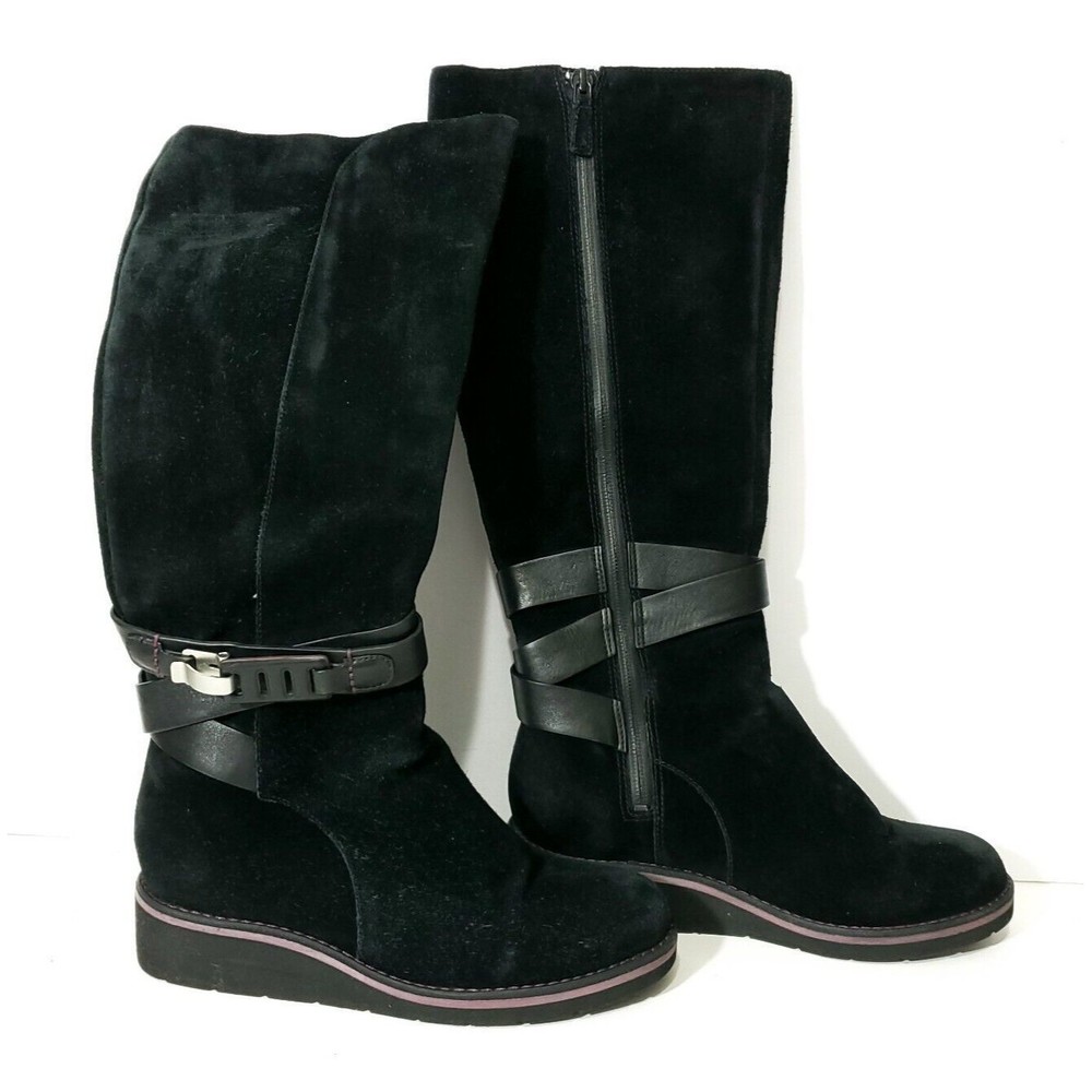 Cole Haan Boots 5.5 B Black Suede Wedge Waterproof Full Zip Knee Buckle